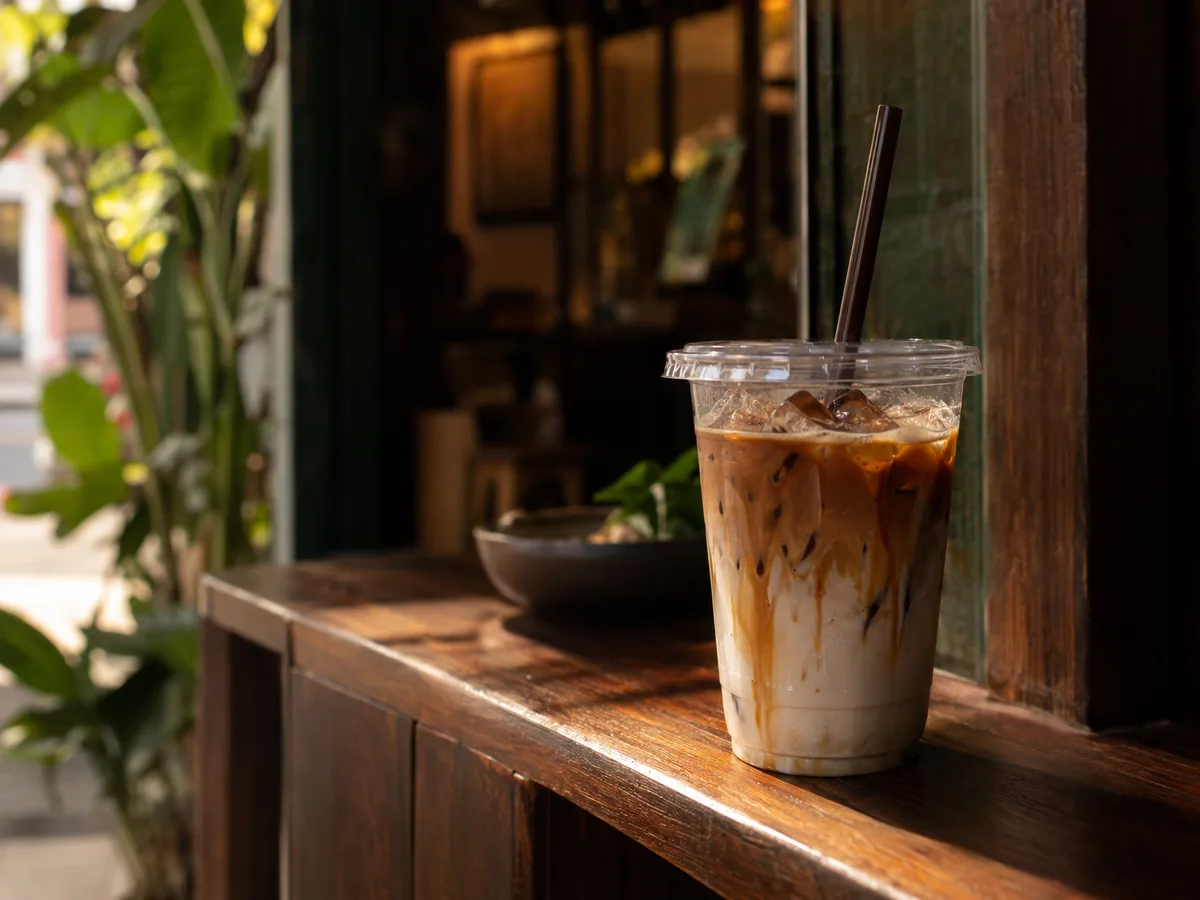 กาแฟนมทอฟฟี่เย็นในแก้วใสบนชั้นไม้