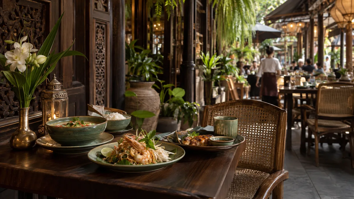 ร้านอาหารไทยตกแต่งไม้แกะสลักและเก้าอี้หวายในตลาด