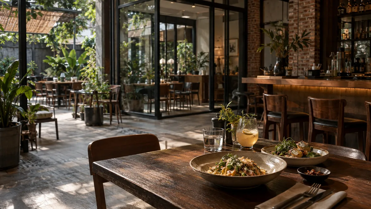 ร้านสไตล์ลอฟต์ผนังอิฐ มีห้องกระจกติดแอร์และโซนเปิดโล่ง