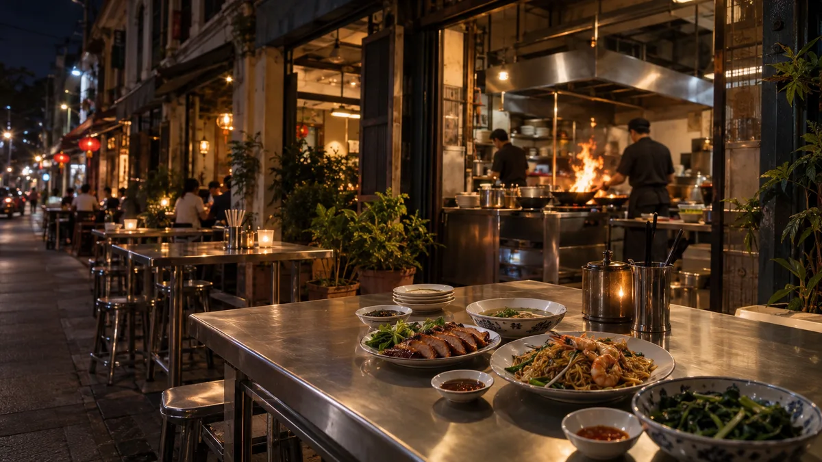 ร้านอาหารไทย-จีนในตึกแถวตอนค่ำ โต๊ะตั้งริมทางเท้าและเปลวไฟจากกระทะ