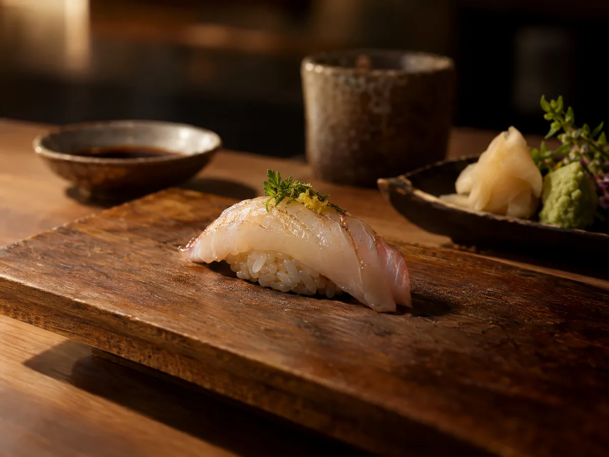 ซูชิหน้าปลาเนื้อขาวผิวมันวาวบนเขียงไม้