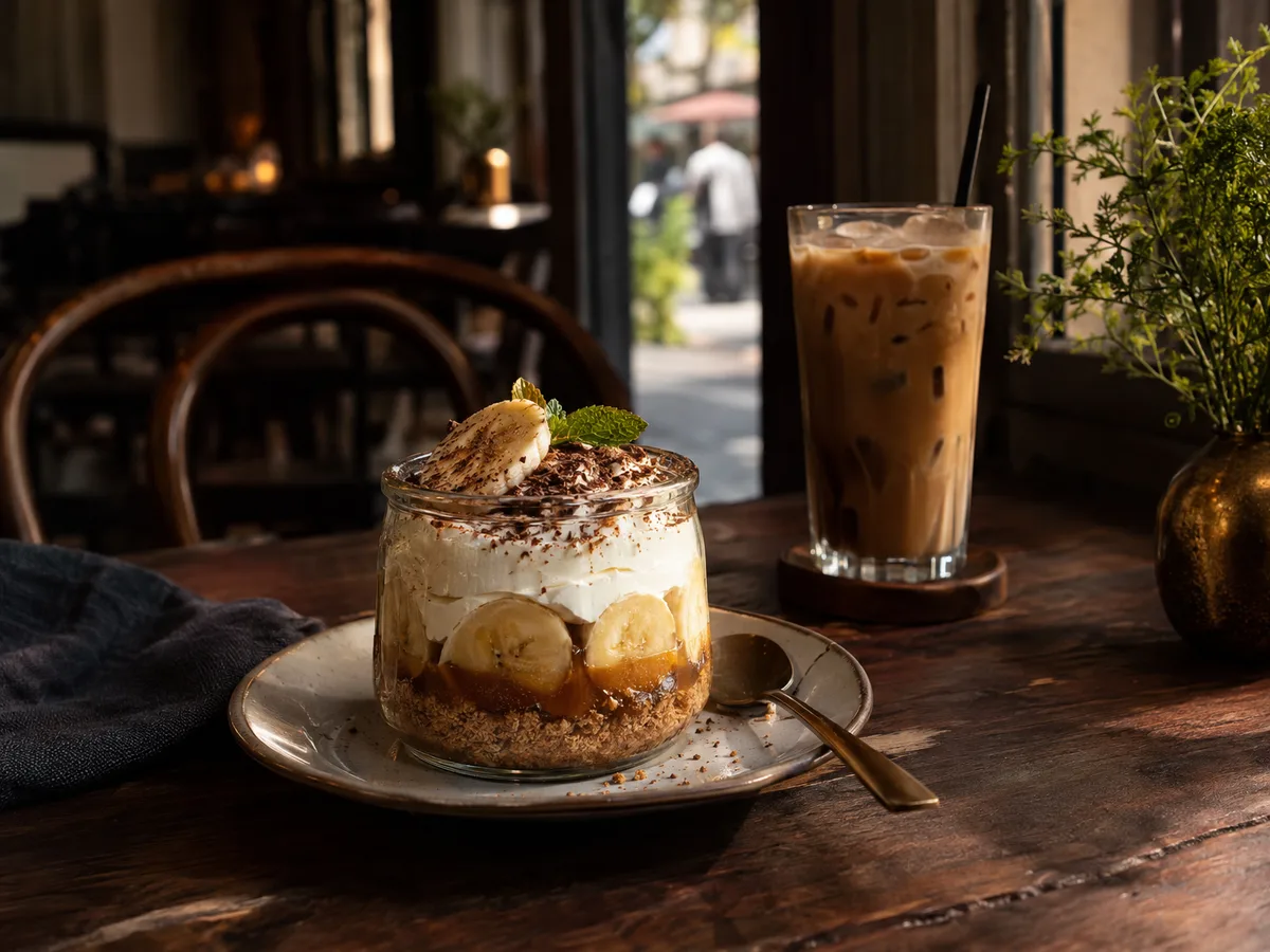 บานอฟฟี่ชั้นครีมและกล้วยในโหลแก้ว ข้างกาแฟเย็น