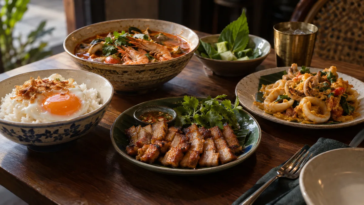 สำรับอาหารไทยบ้านๆ ข้าวไข่ข้น หมูทอดน้ำปลา ปลาหมึกผัดไข่เค็ม และต้มยำทะเล