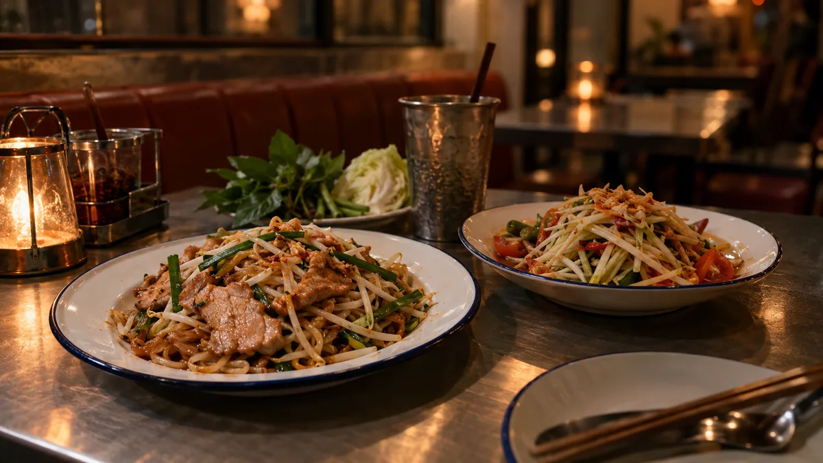 ผัดหมี่โคราชกับส้มตำบนโต๊ะร้านอาหารสไตล์เรโทร