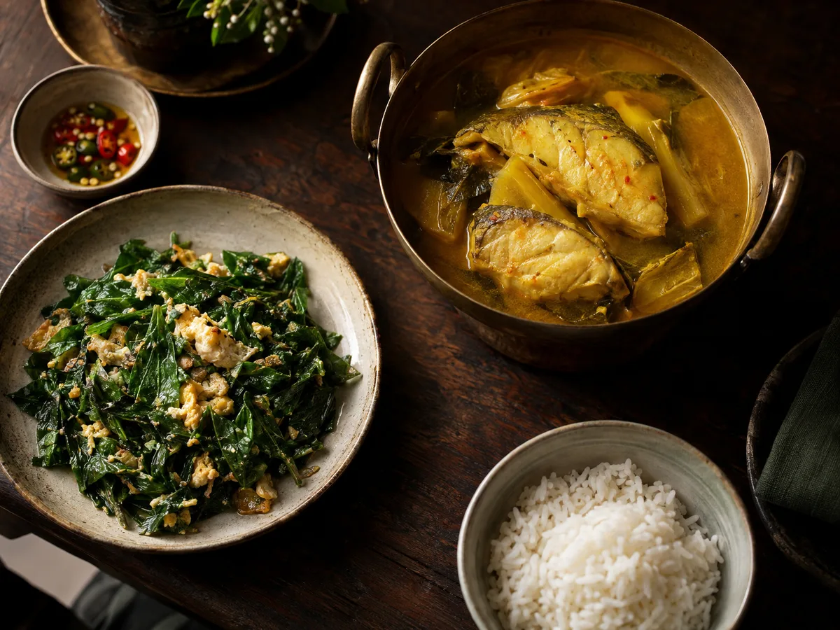 ใบเหลียงผัดไข่กับแกงเหลืองและข้าวสวย