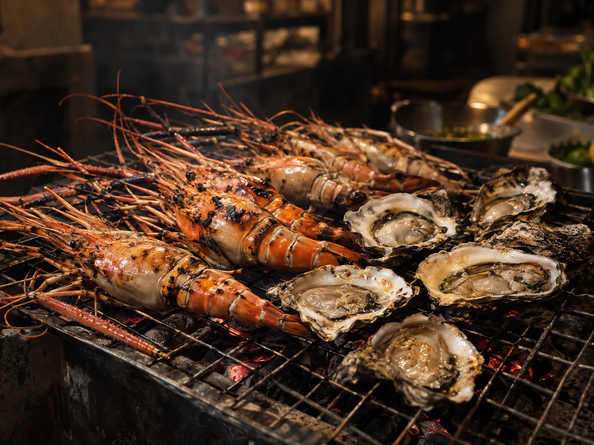 กุ้งแม่น้ำและหอยนางรมเผาบนตะแกรงถ่าน