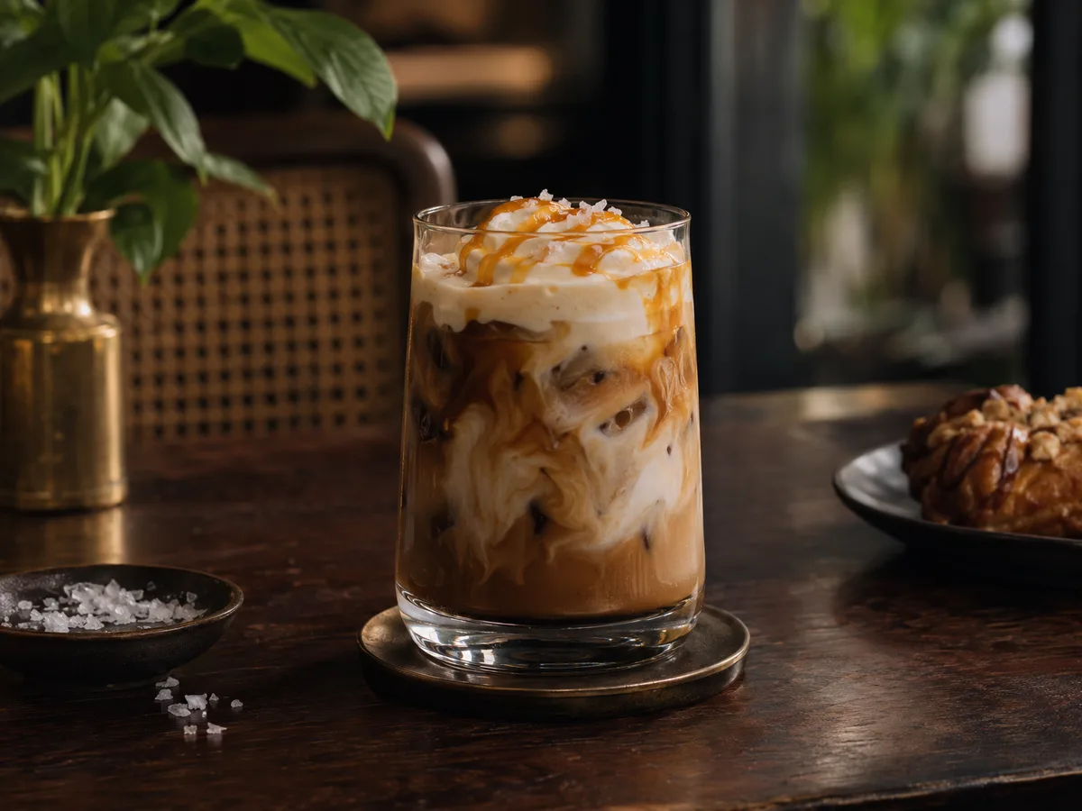 กาแฟนมเย็นซอลท์คาราเมลในแก้วใส