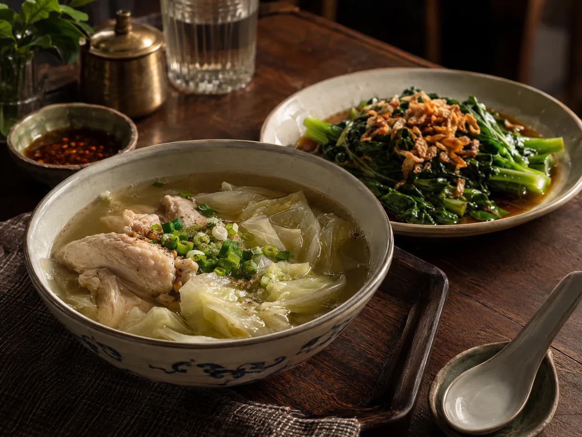 ซุปไก่ใสกับผักลวกราดน้ำมันหอย