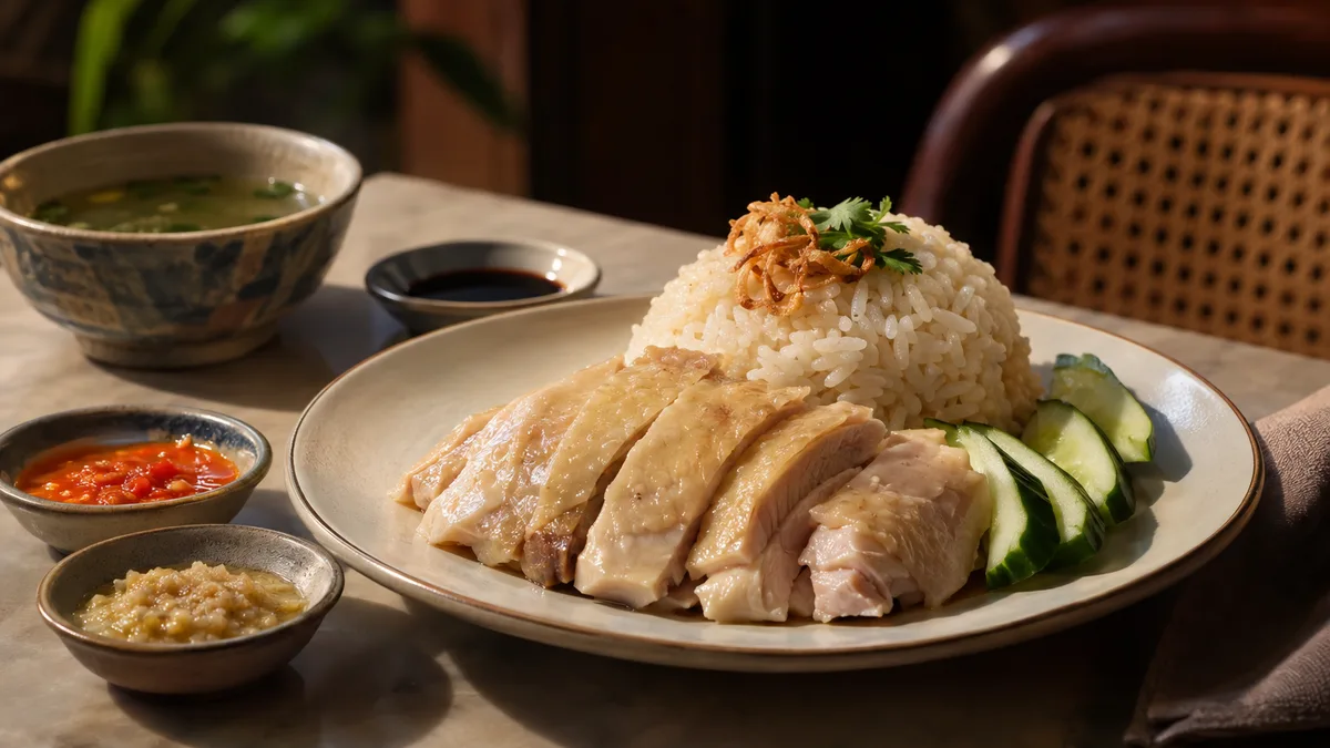 ข้าวมันไก่สไตล์สิงคโปร์กับน้ำจิ้มพริกและขิง
