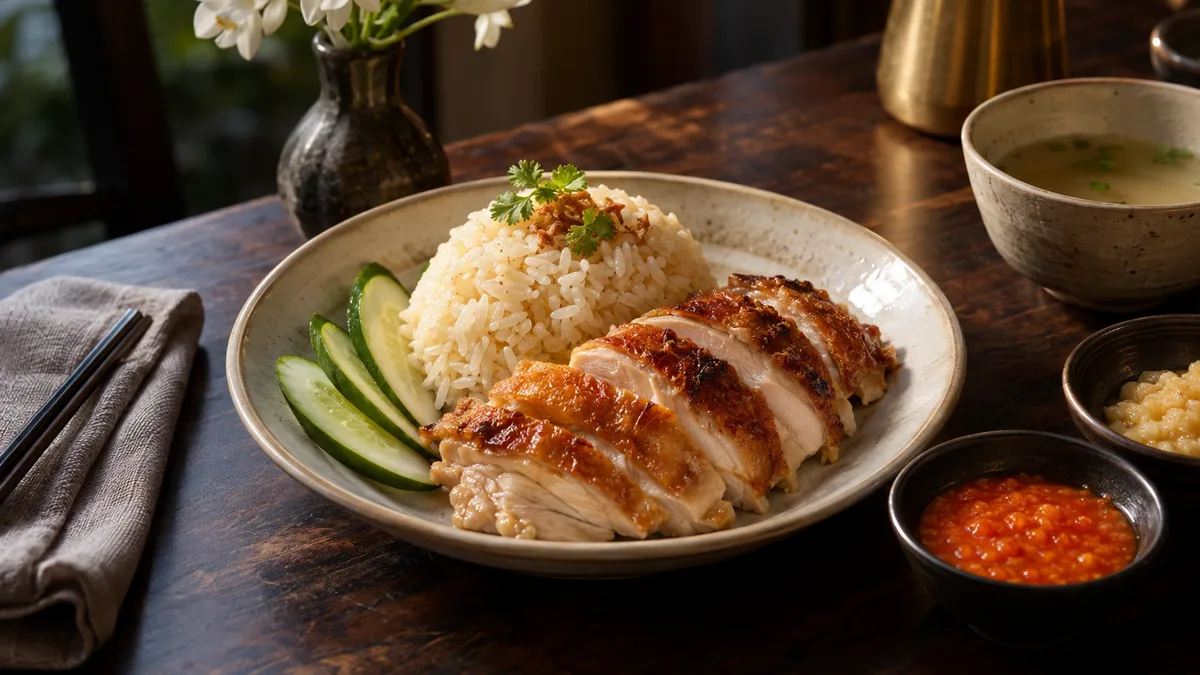 ข้าวมันไก่สิงคโปร์ ไก่หนังกรอบ กับน้ำจิ้มพริกและขิง