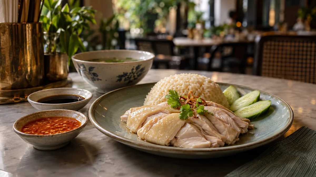 ข้าวมันไก่สิงคโปร์กับน้ำจิ้มพริกและซีอิ๊วดำ