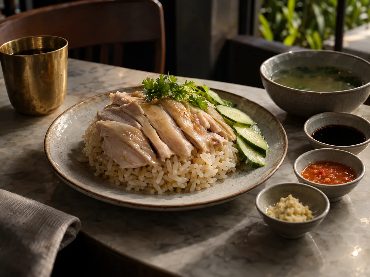 ข้าวมันไก่ต้มพร้อมน้ำจิ้มสามอย่าง