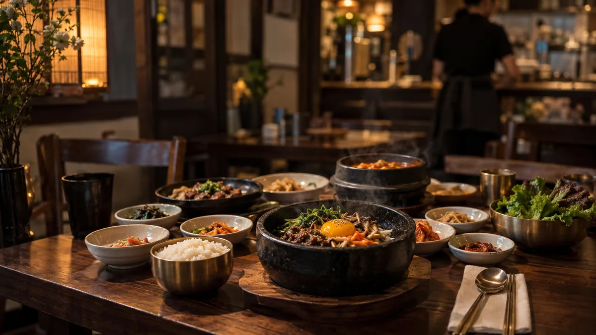 โต๊ะร้านอาหารเกาหลีกับหม้อหินร้อนและเครื่องเคียงหลายถ้วย