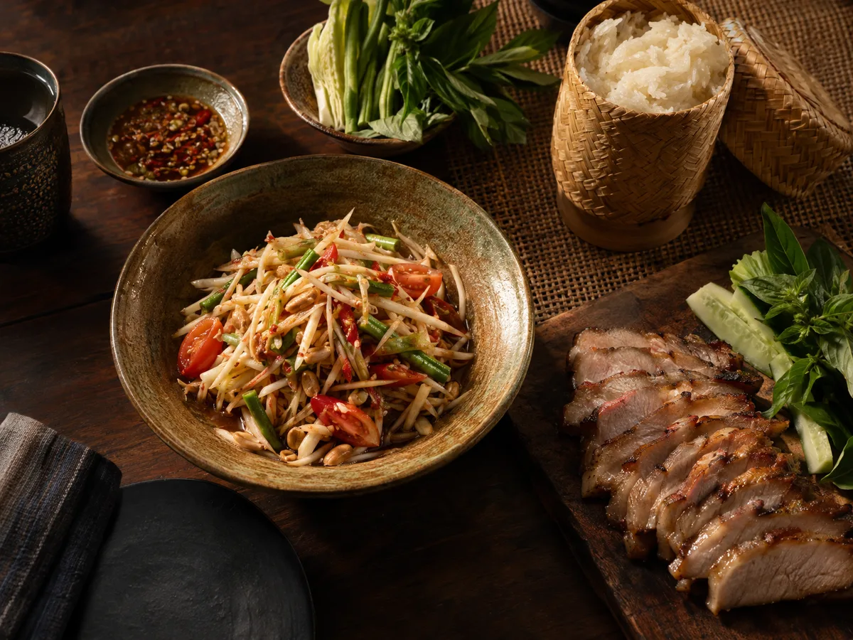 ส้มตำปลาร้ากับคอหมูย่างและข้าวเหนียว
