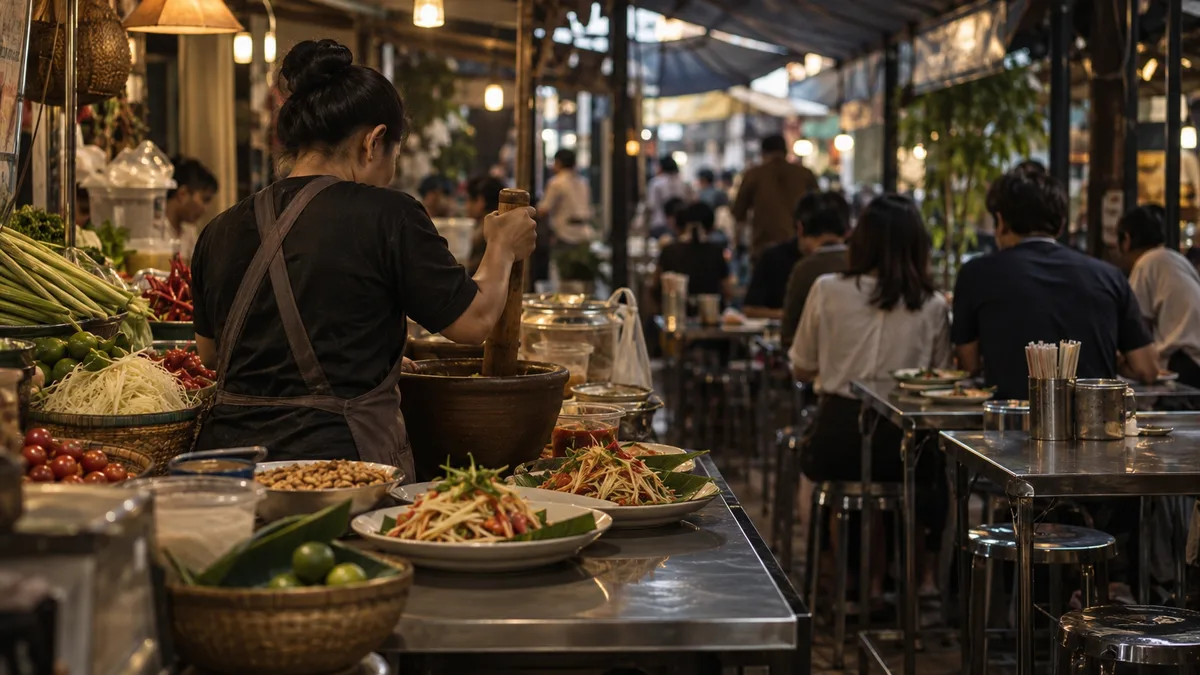 ร้านส้มตำในตลาดที่มีแม่ครัวตำส้มตำในครกดินเผา