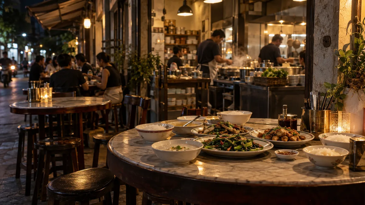 ร้านข้าวต้มกลางคืนในตึกแถว โต๊ะกลมเต็มไปด้วยกับข้าว