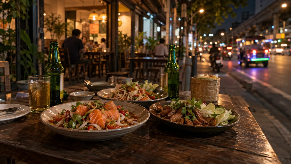โต๊ะร้านยำริมถนนยามค่ำกับยำหลายจานและเบียร์เย็น