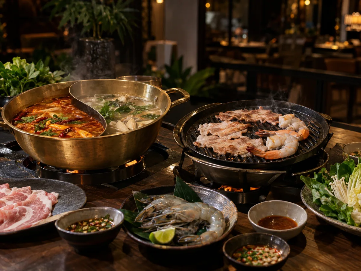 หม้อน้ำซุปต้มยำกับกระทะย่างหมูสไลซ์และกุ้งขาวตัวโตบนโต๊ะเดียวกัน