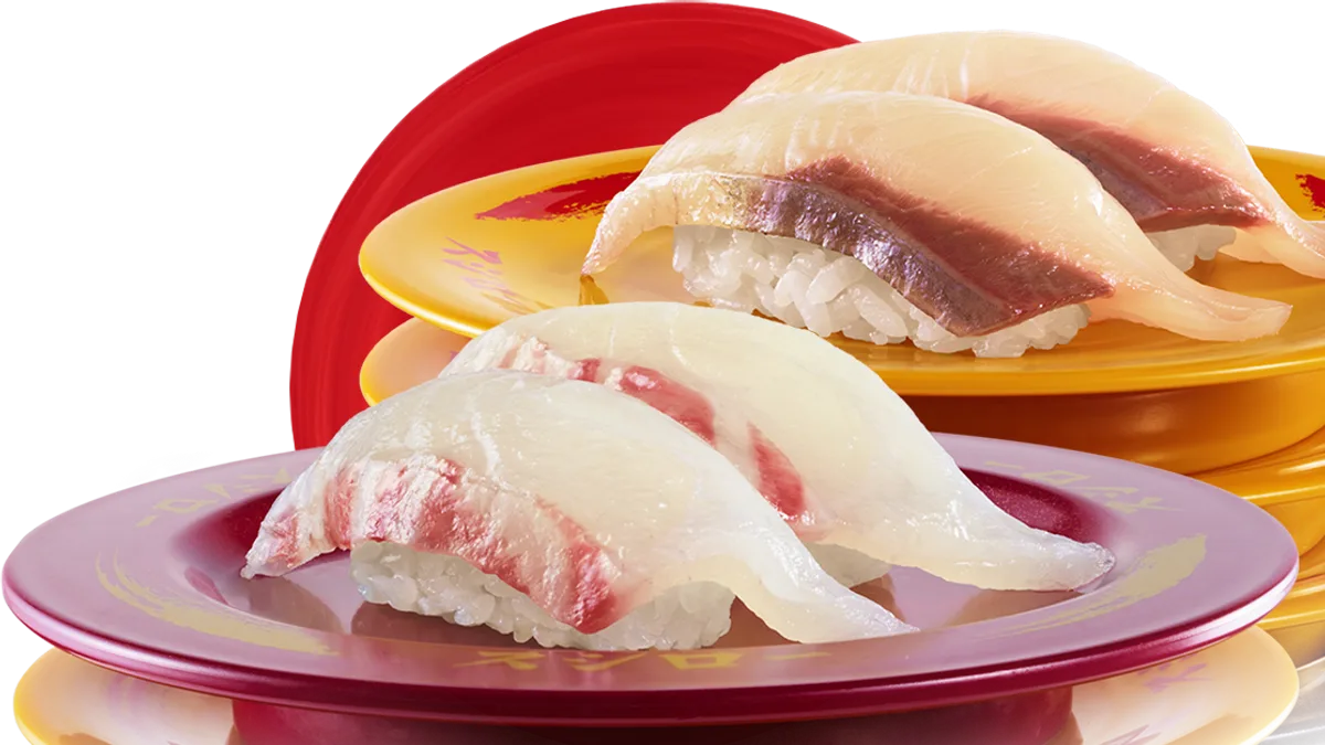 ซูชิปลาขาวบนจานสีของซูชิโร่